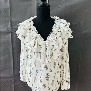 NWT Ted Baker Floral Ruffle Blouse - White-Size 1